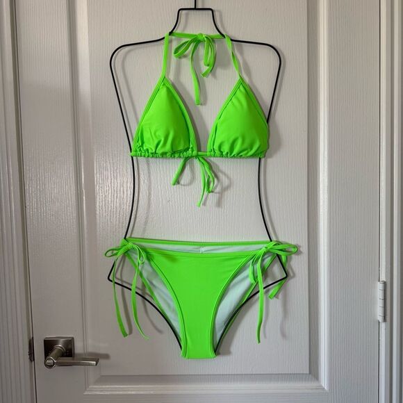 Women’s Two Piece Swimsuit Halter String Triangle Bikini Set Vibrant Green L - Picture 2 of 3